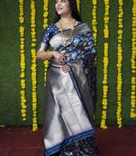 Navy blue silk blend banarasi zari woven saree with blouse