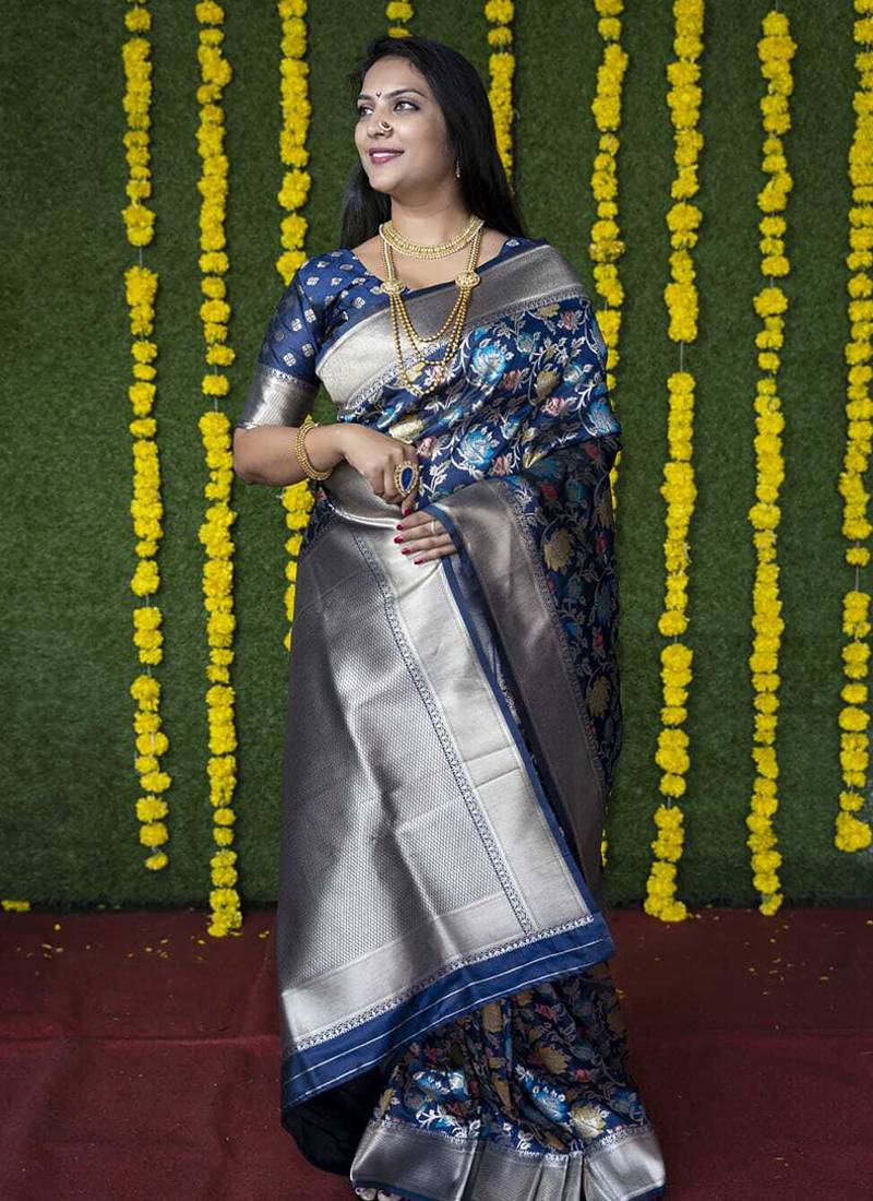 Navy blue silk blend banarasi zari woven saree with blouse
