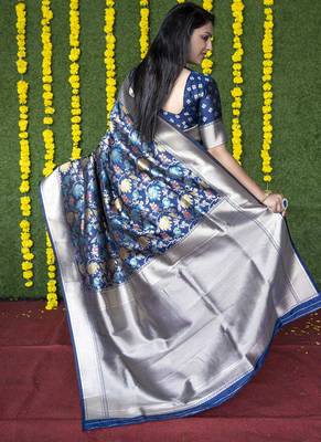 Navy blue silk blend banarasi zari woven saree with blouse 2