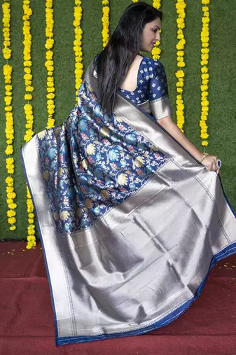 Navy blue silk blend banarasi zari woven saree with blouse