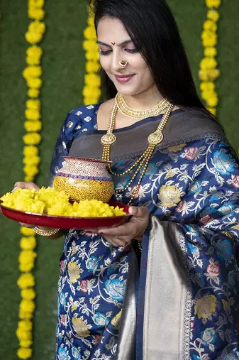 Navy blue silk blend banarasi zari woven saree with blouse
