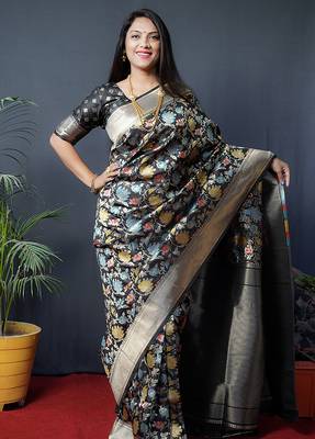 Black silk blend banarasi zari woven saree with blouse 1