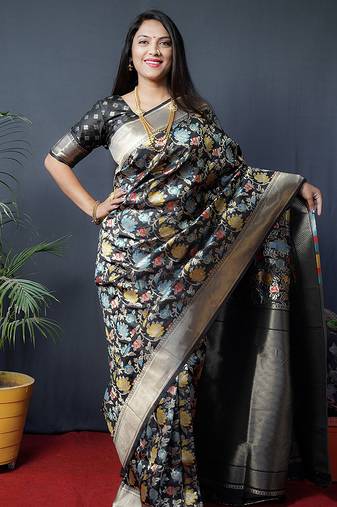 Black silk blend banarasi zari woven saree with blouse