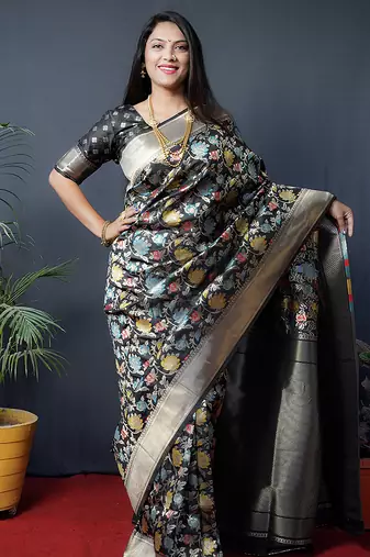 Black silk blend banarasi zari woven saree with blouse