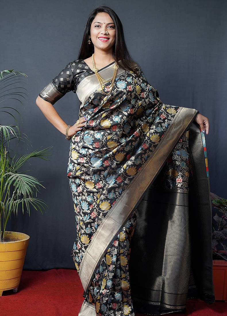 Black silk blend banarasi zari woven saree with blouse
