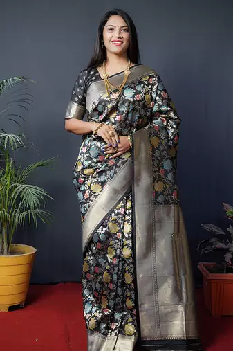 Black silk blend banarasi zari woven saree with blouse