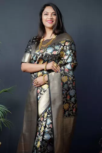 Black silk blend banarasi zari woven saree with blouse