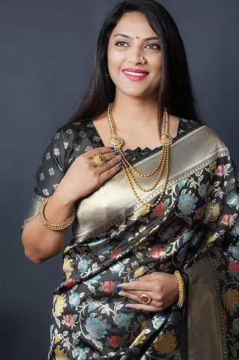 Black silk blend banarasi zari woven saree with blouse