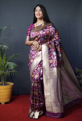 Magenta purple silk blend banarasi zari woven saree with blouse 1