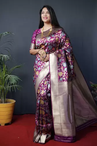 Magenta purple silk blend banarasi zari woven saree with blouse