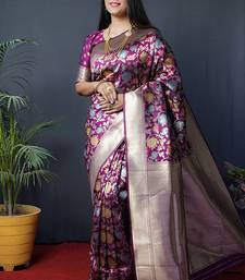 Magenta purple silk blend banarasi zari woven saree with blouse