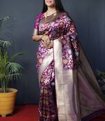 Magenta purple silk blend banarasi zari woven saree with blouse