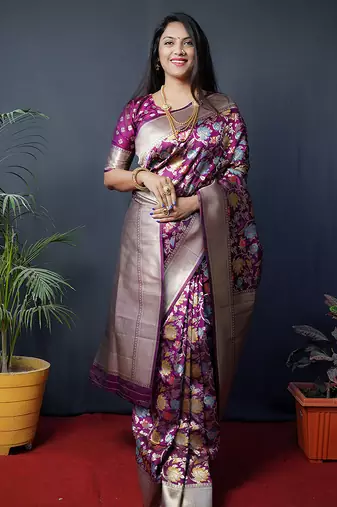 Magenta purple silk blend banarasi zari woven saree with blouse