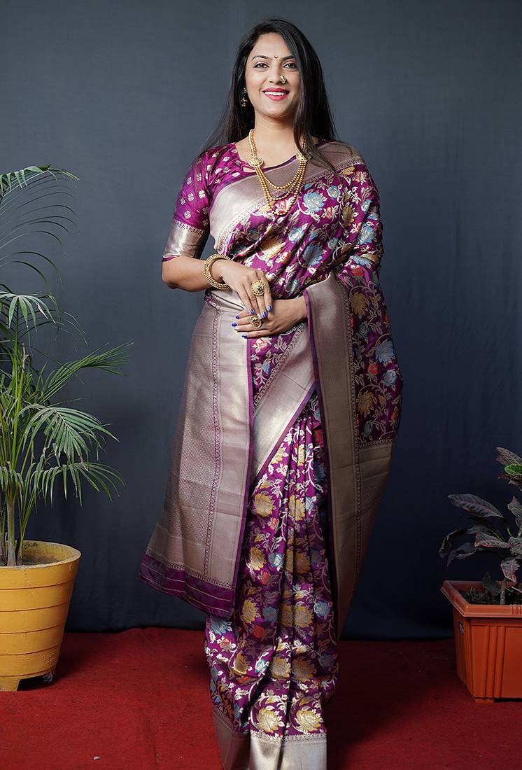 Magenta purple silk blend banarasi zari woven saree with blouse