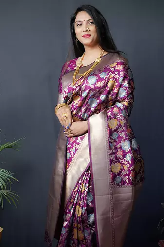 Magenta purple silk blend banarasi zari woven saree with blouse