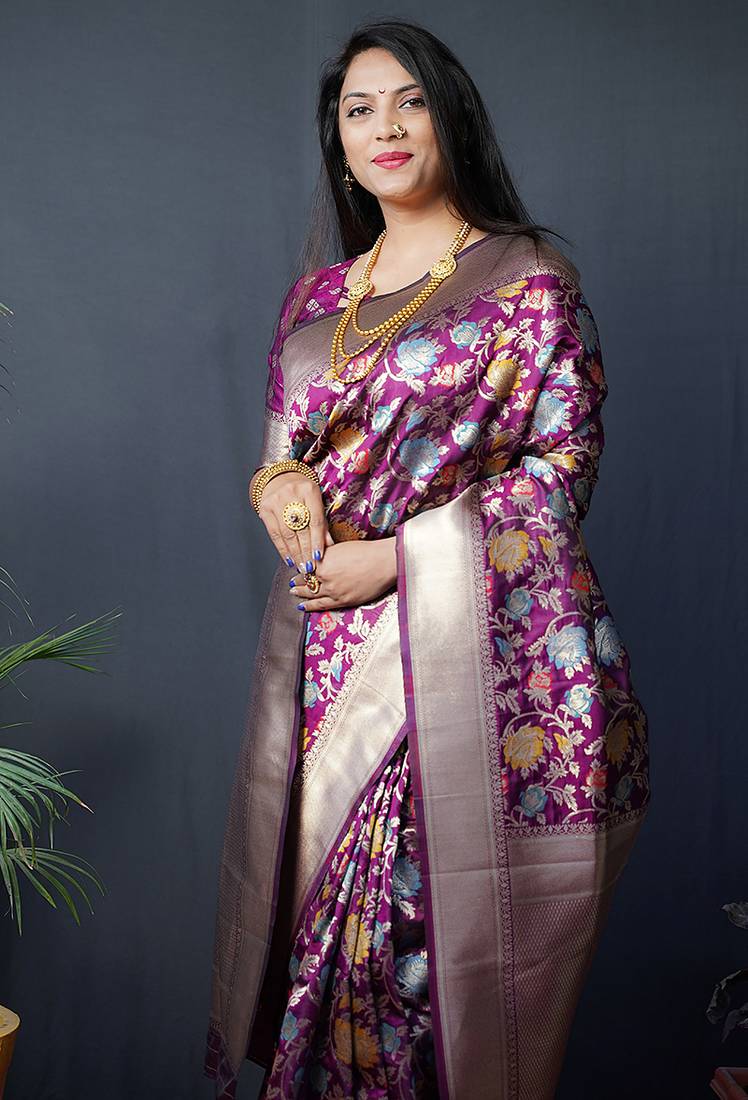 Magenta purple silk blend banarasi zari woven saree with blouse
