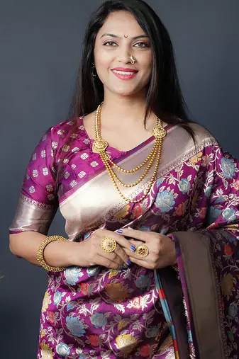 Magenta purple silk blend banarasi zari woven saree with blouse