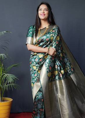 Dark green silk blend banarasi zari woven saree with blouse 1