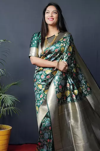 Dark green silk blend banarasi zari woven saree with blouse