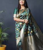 Dark green silk blend banarasi zari woven saree with blouse