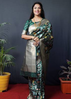 Dark green silk blend banarasi zari woven saree with blouse 2