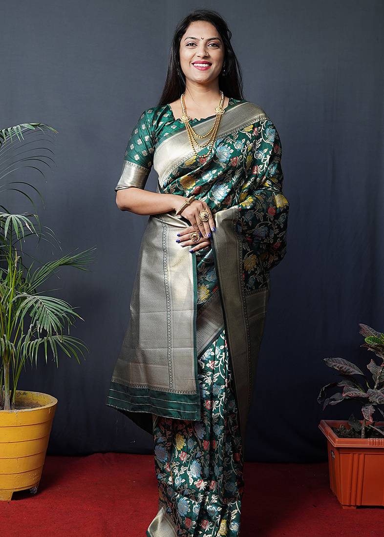 Dark green silk blend banarasi zari woven saree with blouse