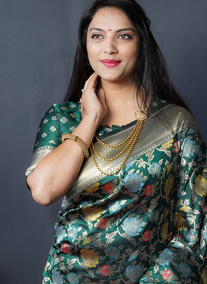 Dark green silk blend banarasi zari woven saree with blouse