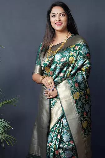 Dark green silk blend banarasi zari woven saree with blouse