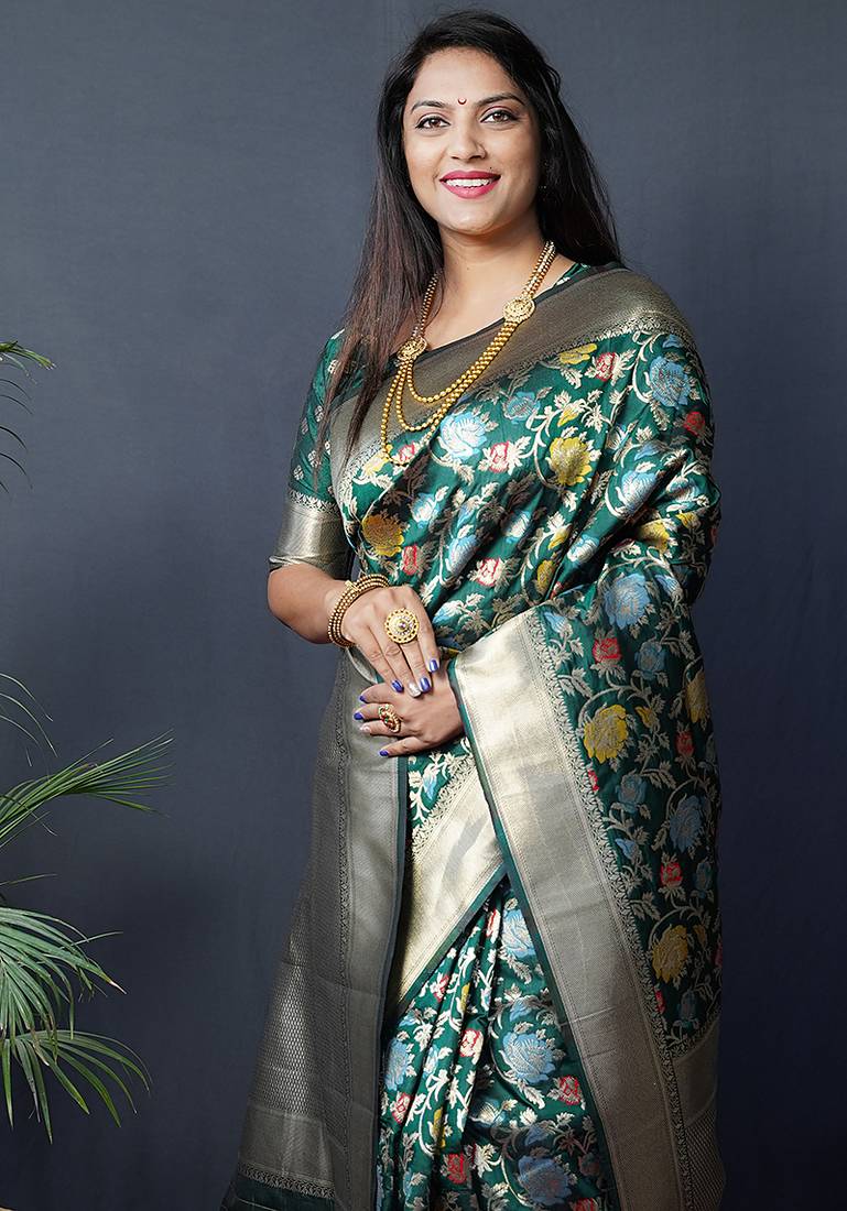 Dark green silk blend banarasi zari woven saree with blouse