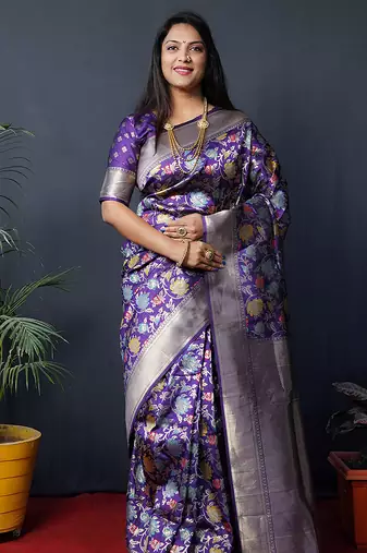 Purple silk blend banarasi zari woven saree with blouse