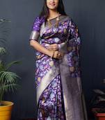 Purple silk blend banarasi zari woven saree with blouse
