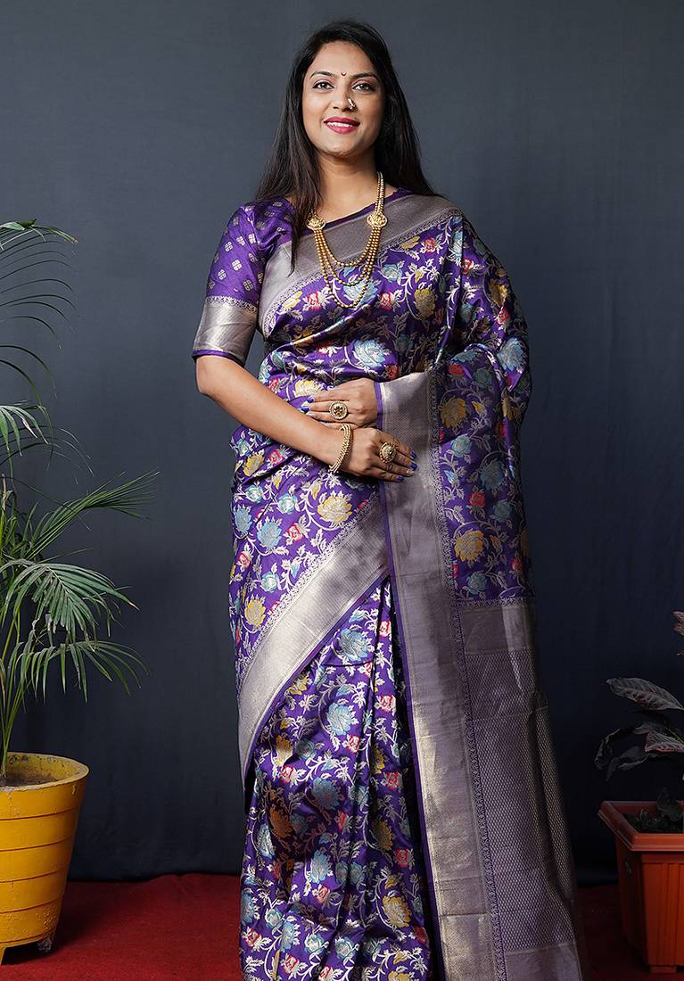 Purple silk blend banarasi zari woven saree with blouse