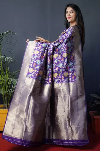 Purple silk blend banarasi zari woven saree with blouse