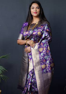 Purple silk blend banarasi zari woven saree with blouse 3