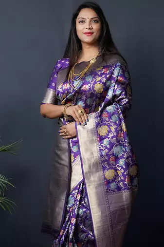 Purple silk blend banarasi zari woven saree with blouse