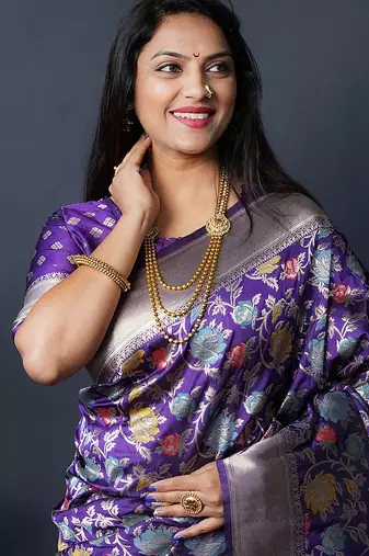 Purple silk blend banarasi zari woven saree with blouse