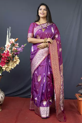 Dark magenta banarasi silk blend saree with zari weaving