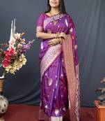 Dark magenta banarasi silk blend saree with zari weaving