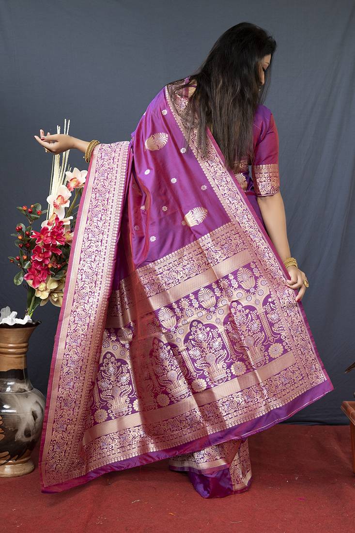 Dark magenta banarasi silk blend saree with zari weaving