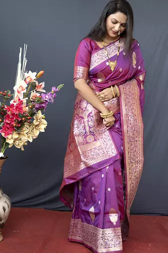 Dark magenta banarasi silk blend saree with zari weaving