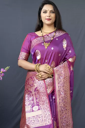 Dark magenta banarasi silk blend saree with zari weaving