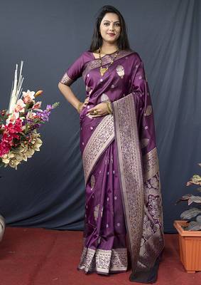 Wine banarasi silk blend saree with zari weaving 1