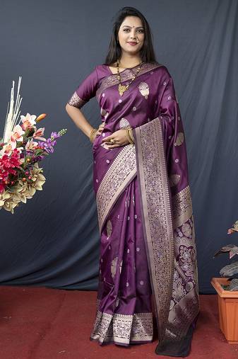 Wine banarasi silk blend saree with zari weaving