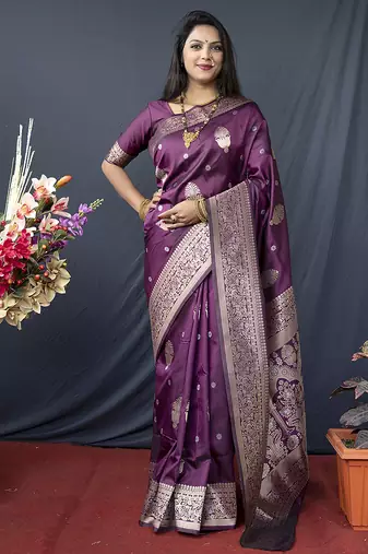 Wine banarasi silk blend saree with zari weaving