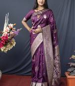 Wine banarasi silk blend saree with zari weaving