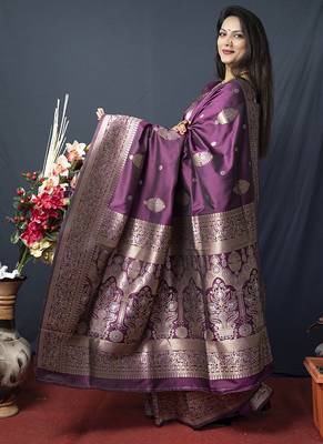 Wine banarasi silk blend saree with zari weaving 2