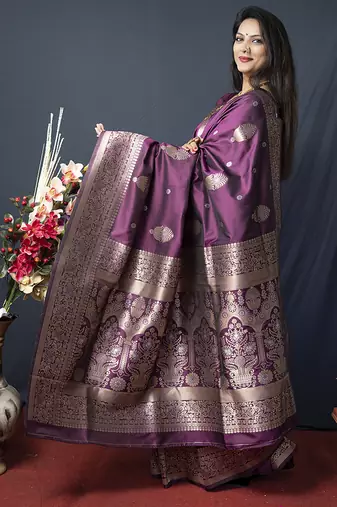 Wine banarasi silk blend saree with zari weaving
