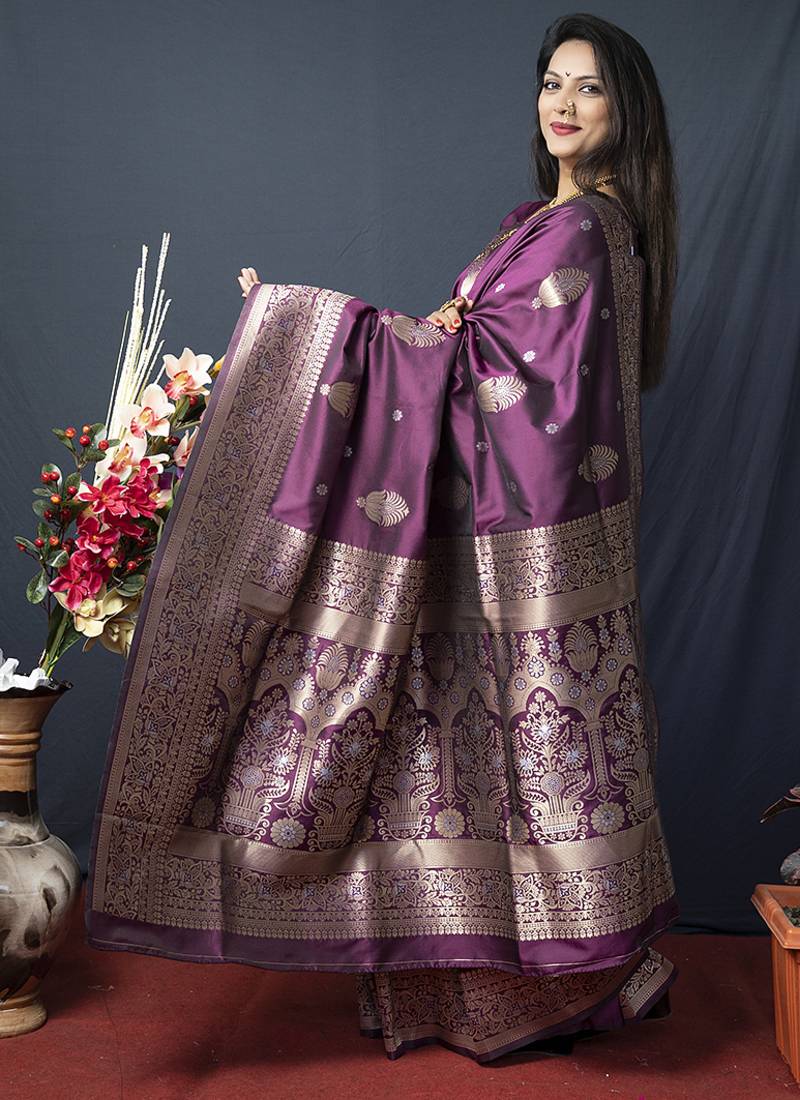 Wine banarasi silk blend saree with zari weaving