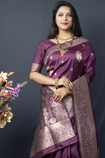 Wine banarasi silk blend saree with zari weaving