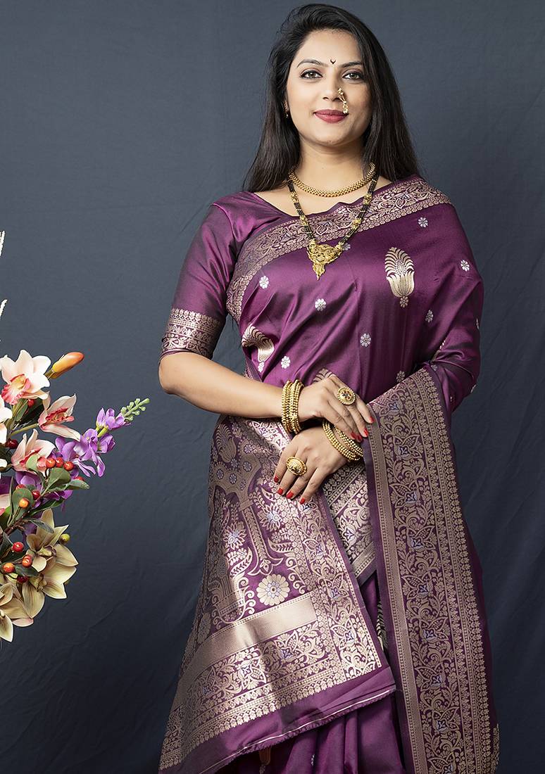 Wine banarasi silk blend saree with zari weaving